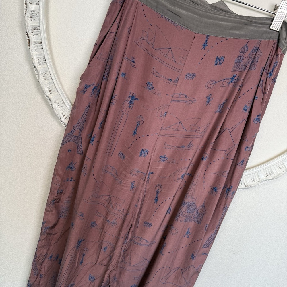 IN GOD WE TRUST 100% Silk Mauve Pants Trousers Women's M Cats Paris Artsy Flaw